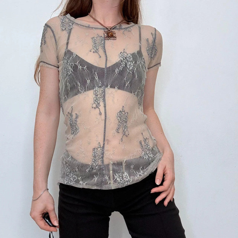 sheer lace whimsical short sleeve top