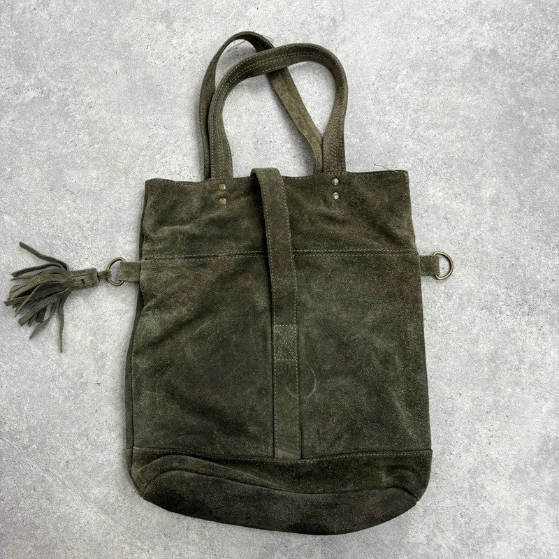 Khaki green suede leather tassel tote bag