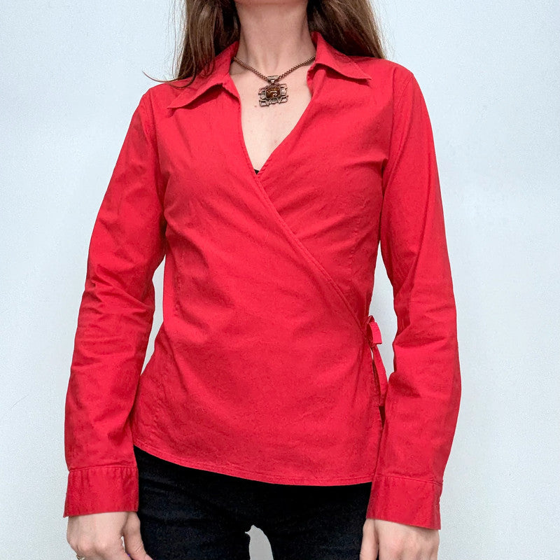 red fitted wrap shirt