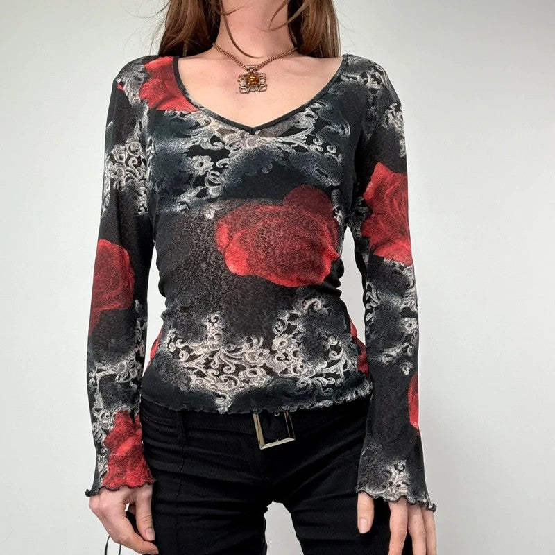distressed floral rose print long sleeve mesh t-shirt
