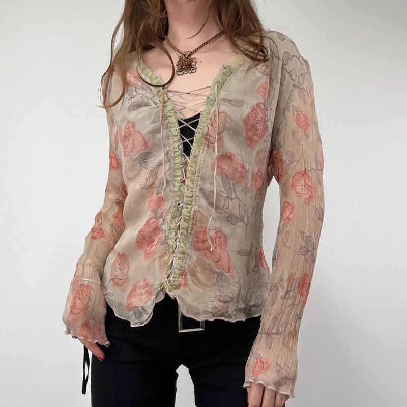 Sheer Crinkle Floral Lace-Up Fairy Shirt