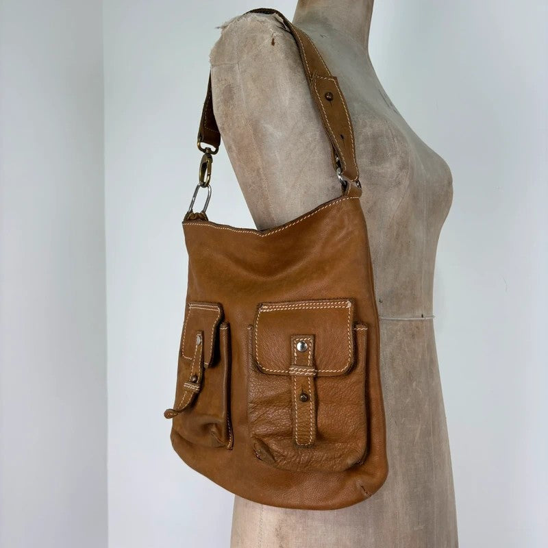 Soft light brown leather cargo boho bag
