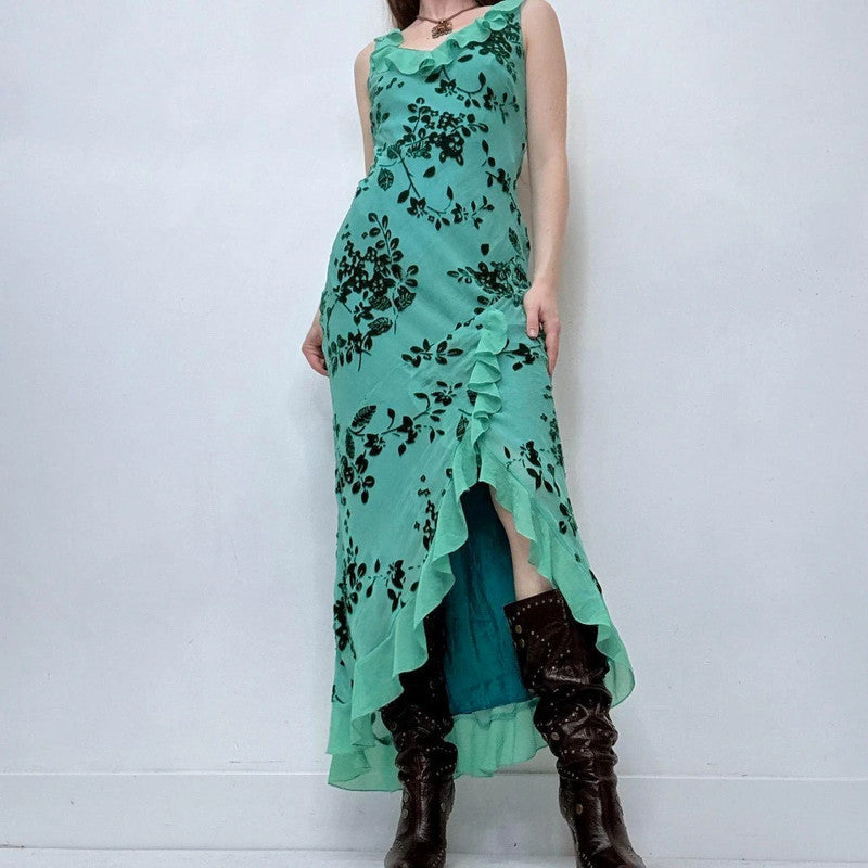 green silk embossed floral monsoon dress