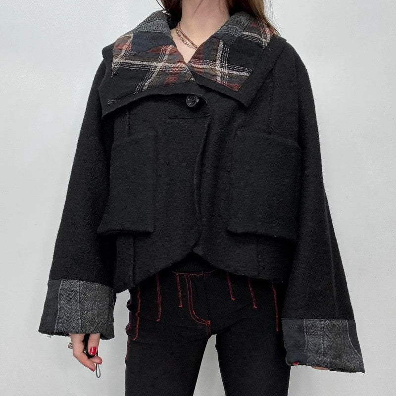 black oversized wool tartan jacket