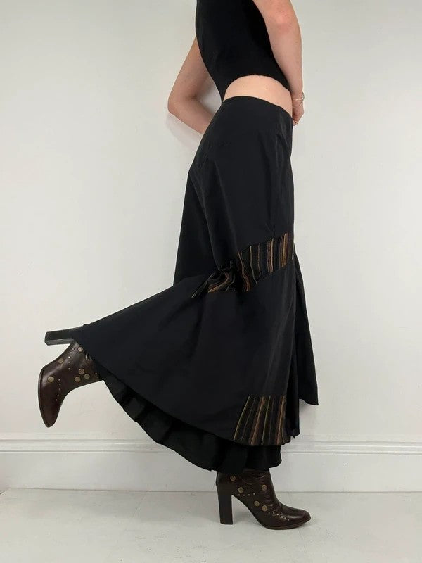 Black flared pleated pinstriped layered maxi skirt