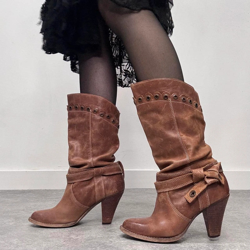 tan leather slouchy studded boots