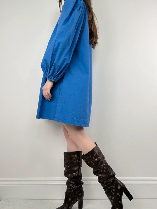 Blue cotton button puff midi shirt dress