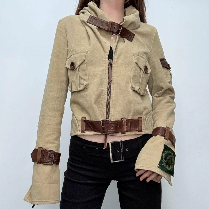 buckle belted flared cargo jacket