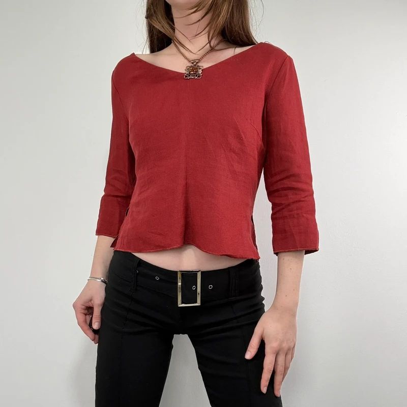 red linen flared fitted slit blouse top