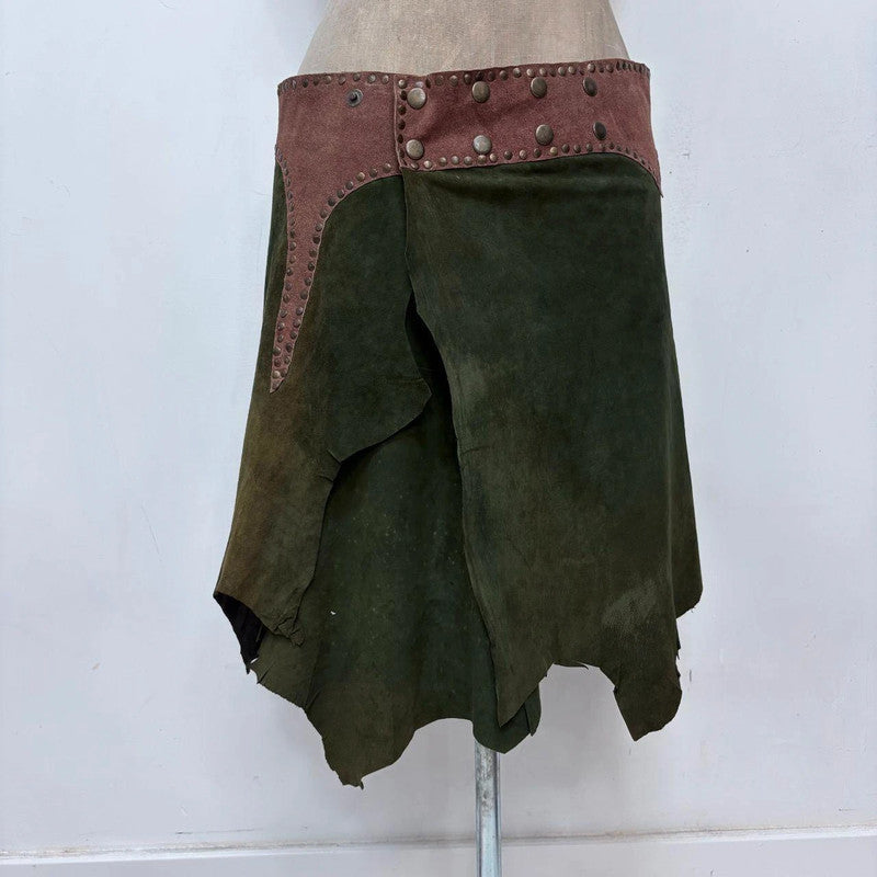 khaki green studded boho leather skirt belt