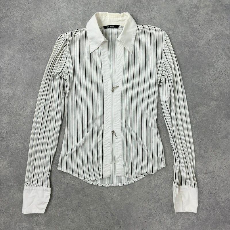 zip through pinstripe fitted white shirt