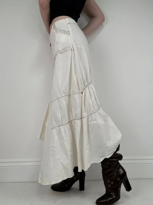 pleated white asymmetric flared maxi skirt