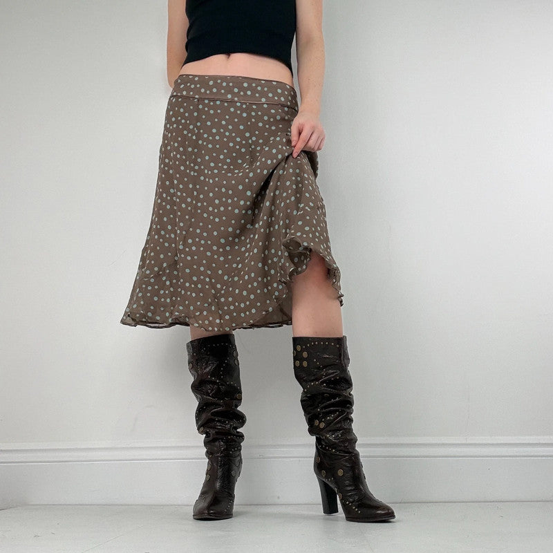 polkadot brown silk flared bias cut midi skirt