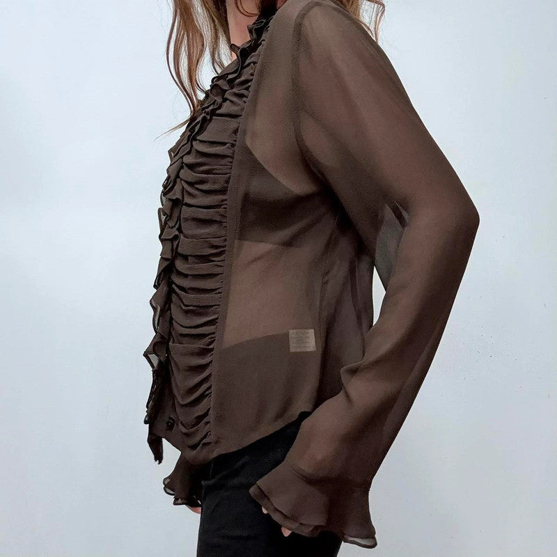 sheer brown silky gathered ruffle shirt