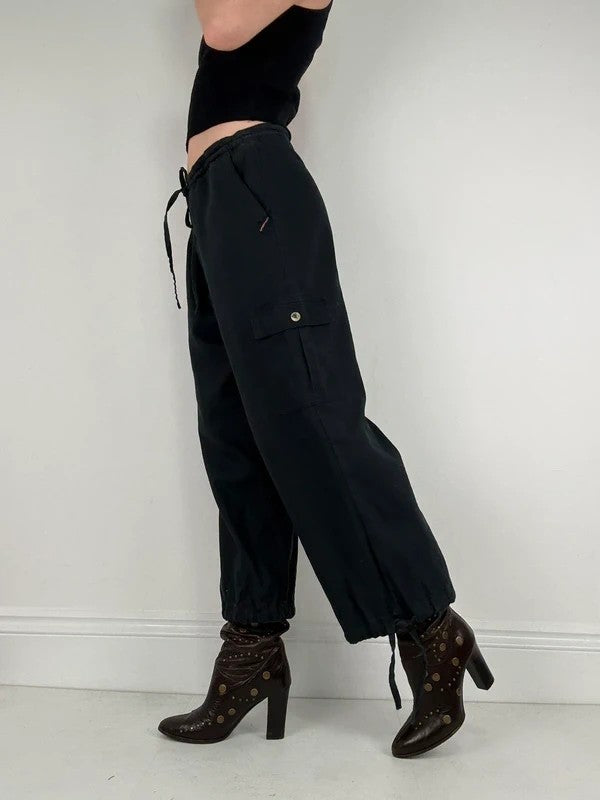 navy drawstring linen low rise trousers