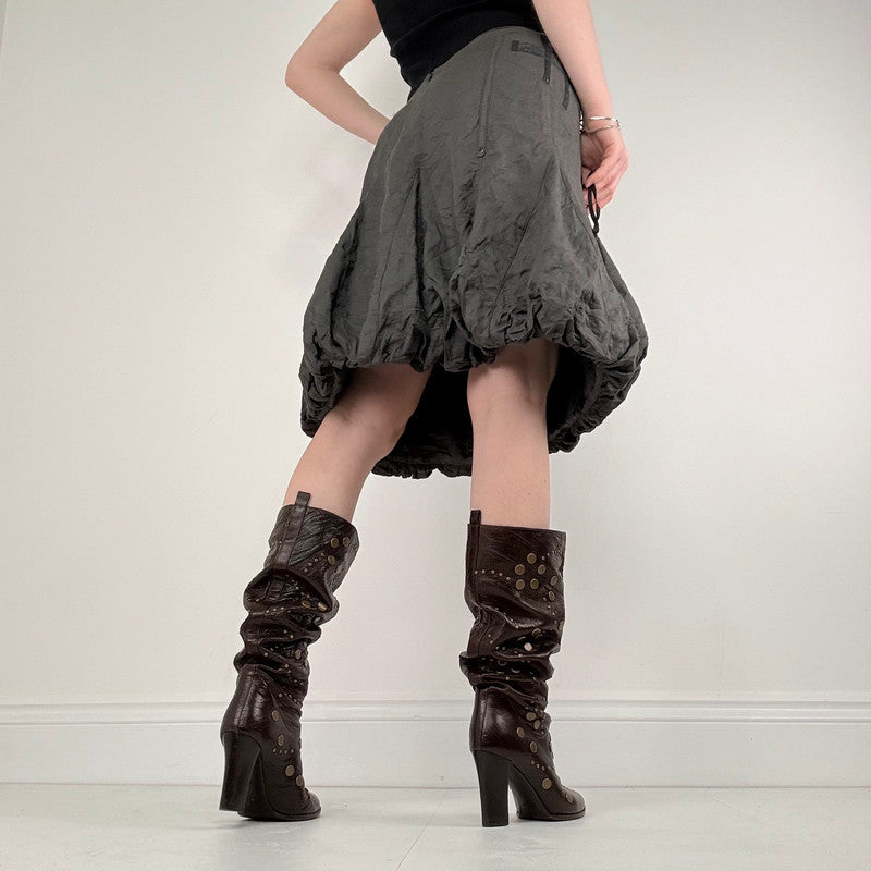 khaki pleated gathered puff skirt
