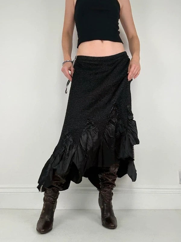 Black crinkle pleated cinched ruffle maxi skirt