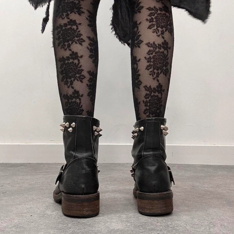 black leather punk studded boots
