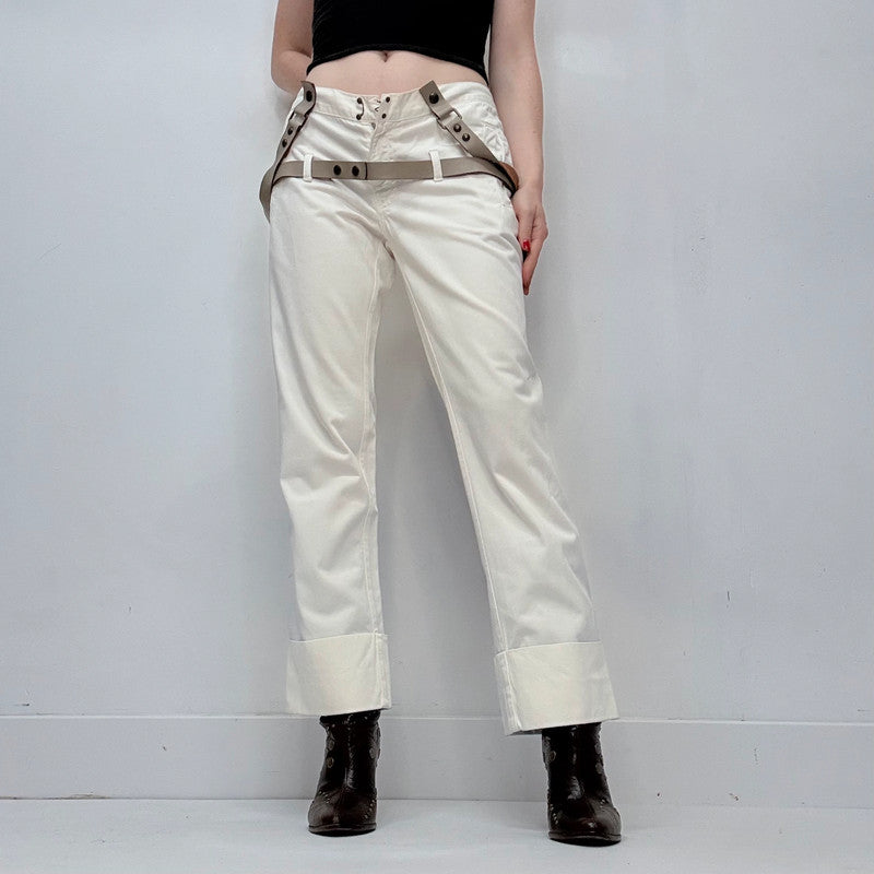 white low rise structured leather belted trousers