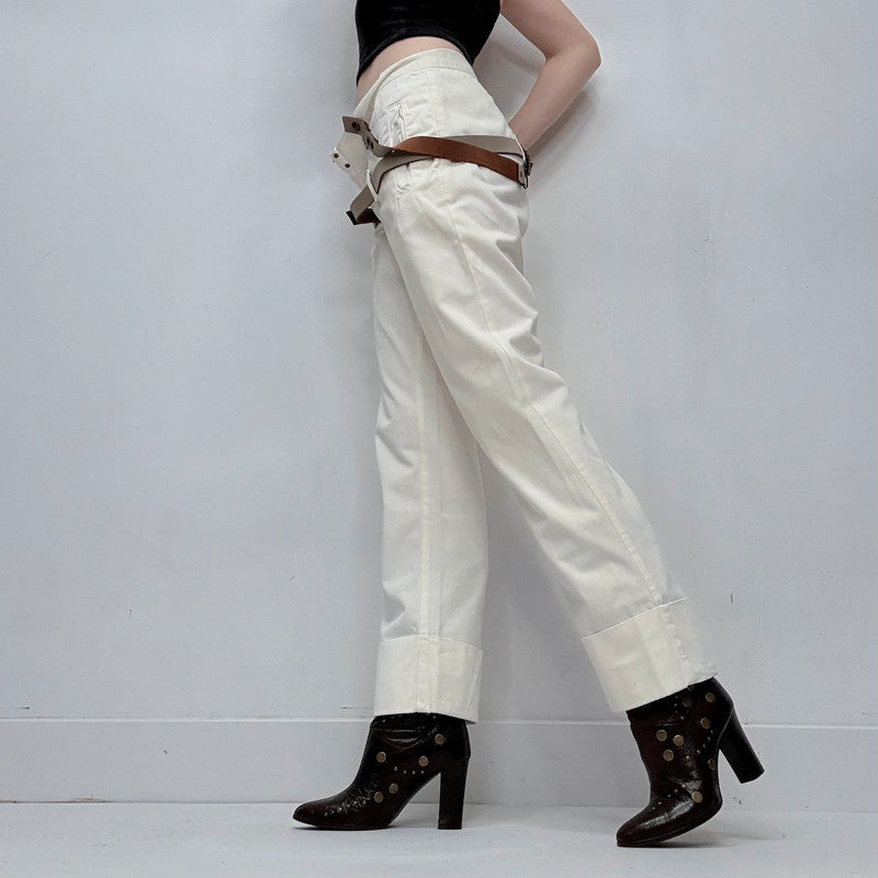 white low rise structured leather belted trousers