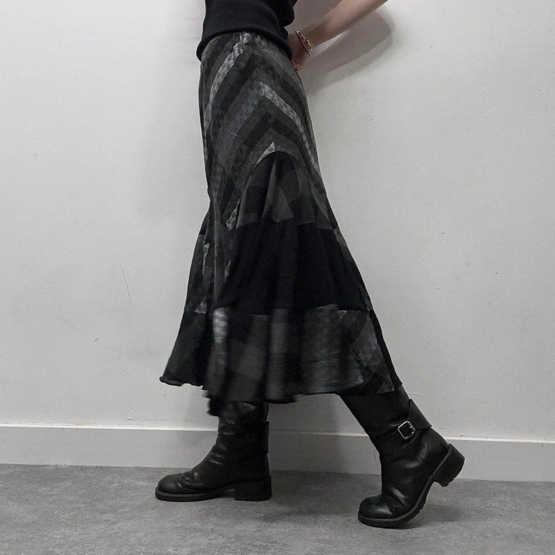 black striped tartan flare maxi skirt