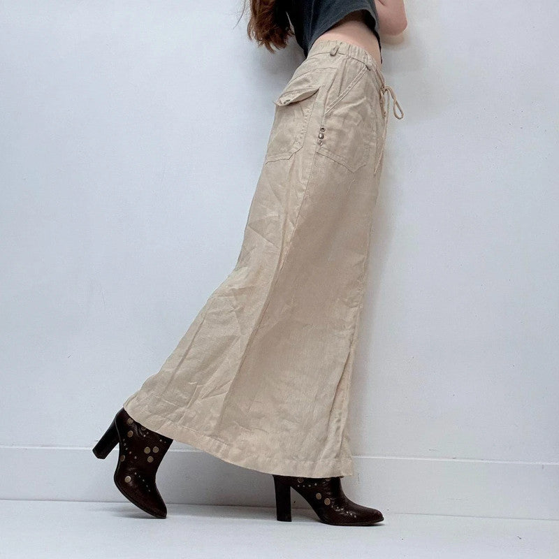 tan linen cargo maxi linen skirt