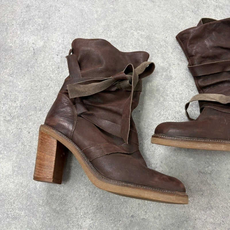 Chunky brown leather wrap around boots