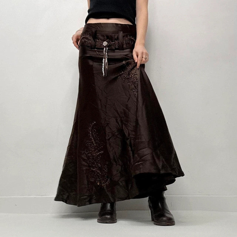 brown flared satin maxi skirt
