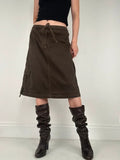 brown khaki pinstripe a-line midi skirt