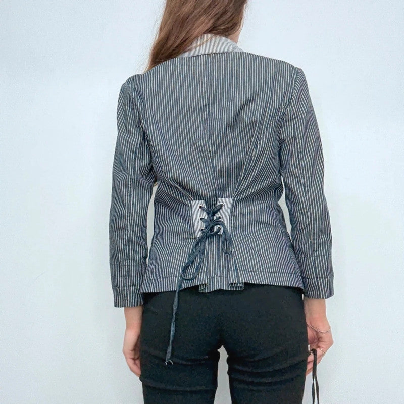 pinstripe morgan high neck popper jacket