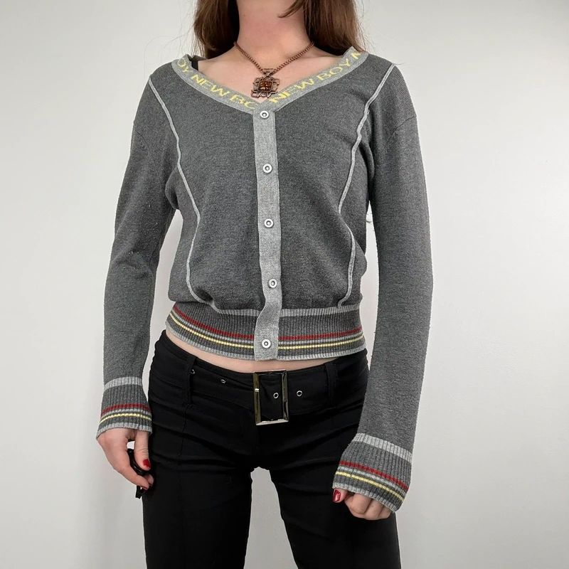 grey cropped knit pinstripe cardigan