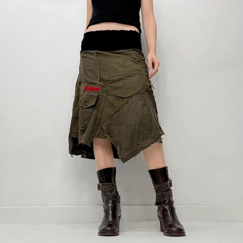 khaki fold over waistband midi skirt