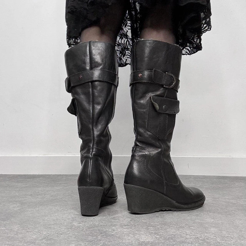 black leather buckle knee high boots