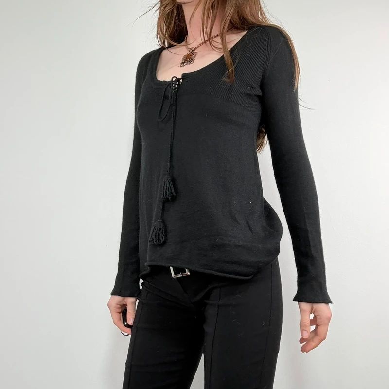 black flared cashmere silk blend long sleeve top