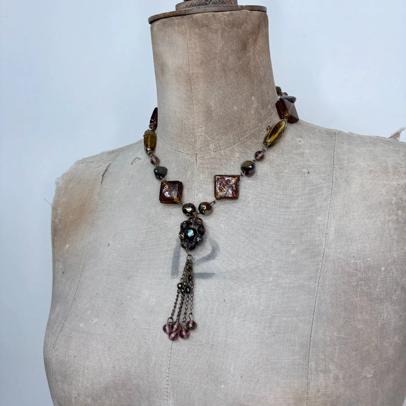 earthy tone beaded chain flower fairy necklace
