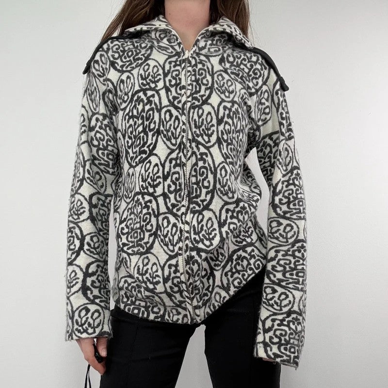 black and white slouchy patterned knit jumper, angora zip through funnel neck
