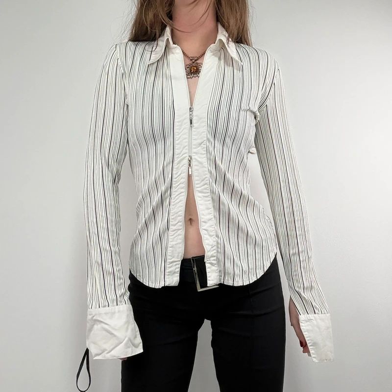 zip through pinstripe fitted white shirt