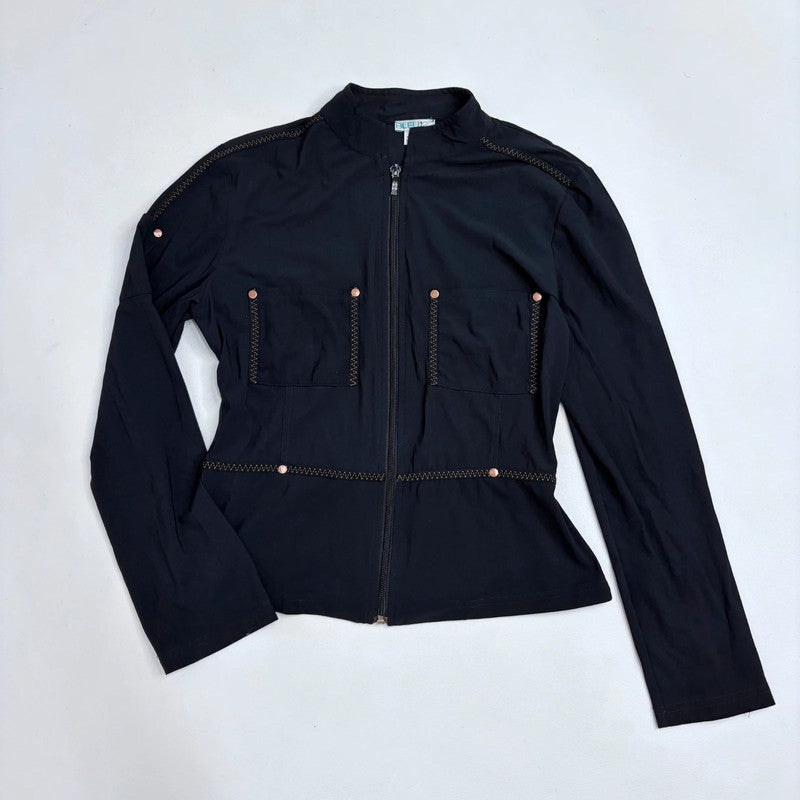 black fitted flared zip shirt