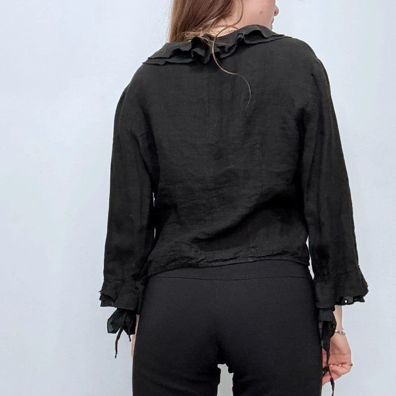 black ruffle linen flared tie up ruffle shirt