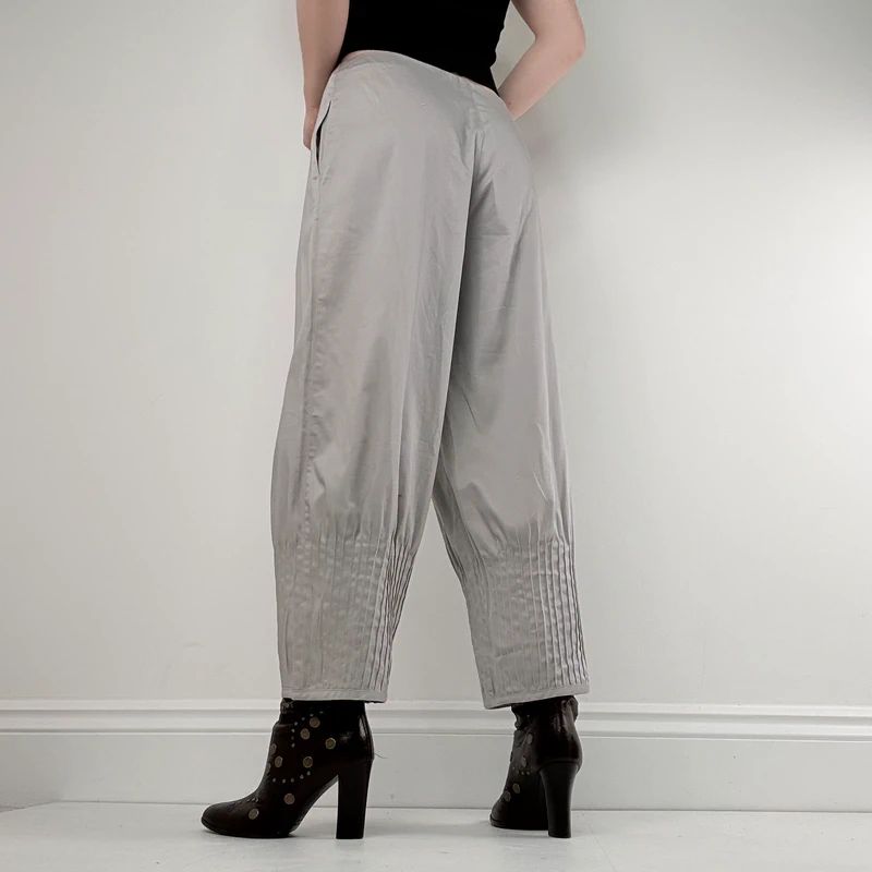 grey pleated puff barrel trousers