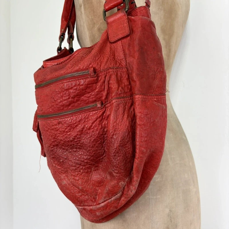 Vintage red leather cargo zipper city handbag