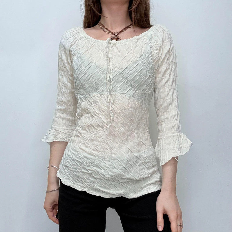 cream flared wide neck crinkle shirt