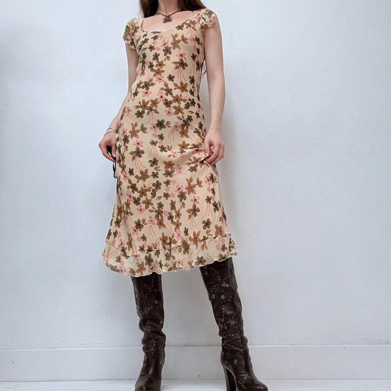 brown floral silk bias cut midi dress