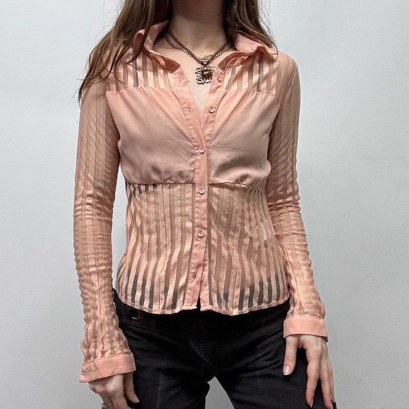 pink mesh pinstripe sheer flared shirt