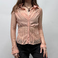 pink mesh pinstripe sheer flared shirt