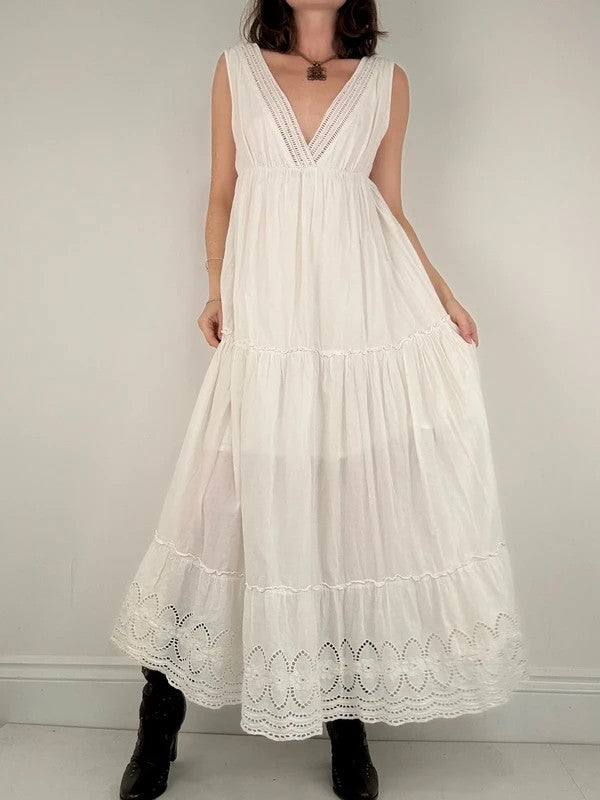 white cotton lace pleated tiered maxi dress