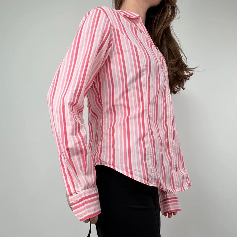 Pink Pinstripe Fitted Shirt with V-neck button style front.