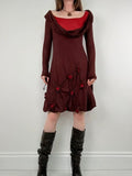 layered cinched long sleeve burgundy flared dress