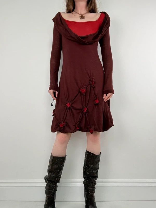 layered cinched long sleeve burgundy flared dress