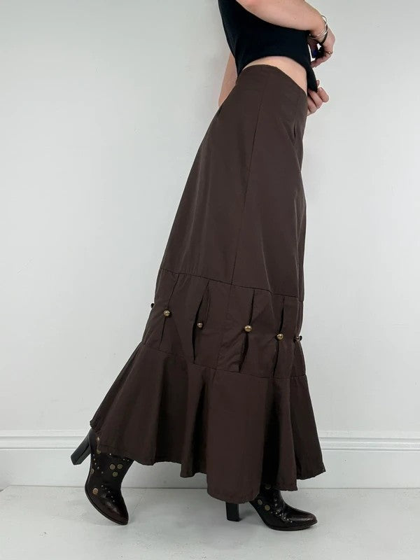 brown flared studded pleated maxi skirt